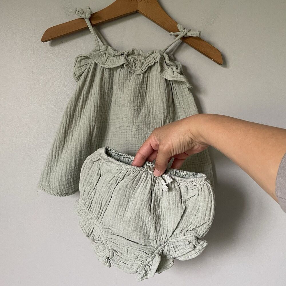 Rylee & Cru Gauzy Baby Girl 2-Piece Dress Bloomers Sage Green Size 18-24mo